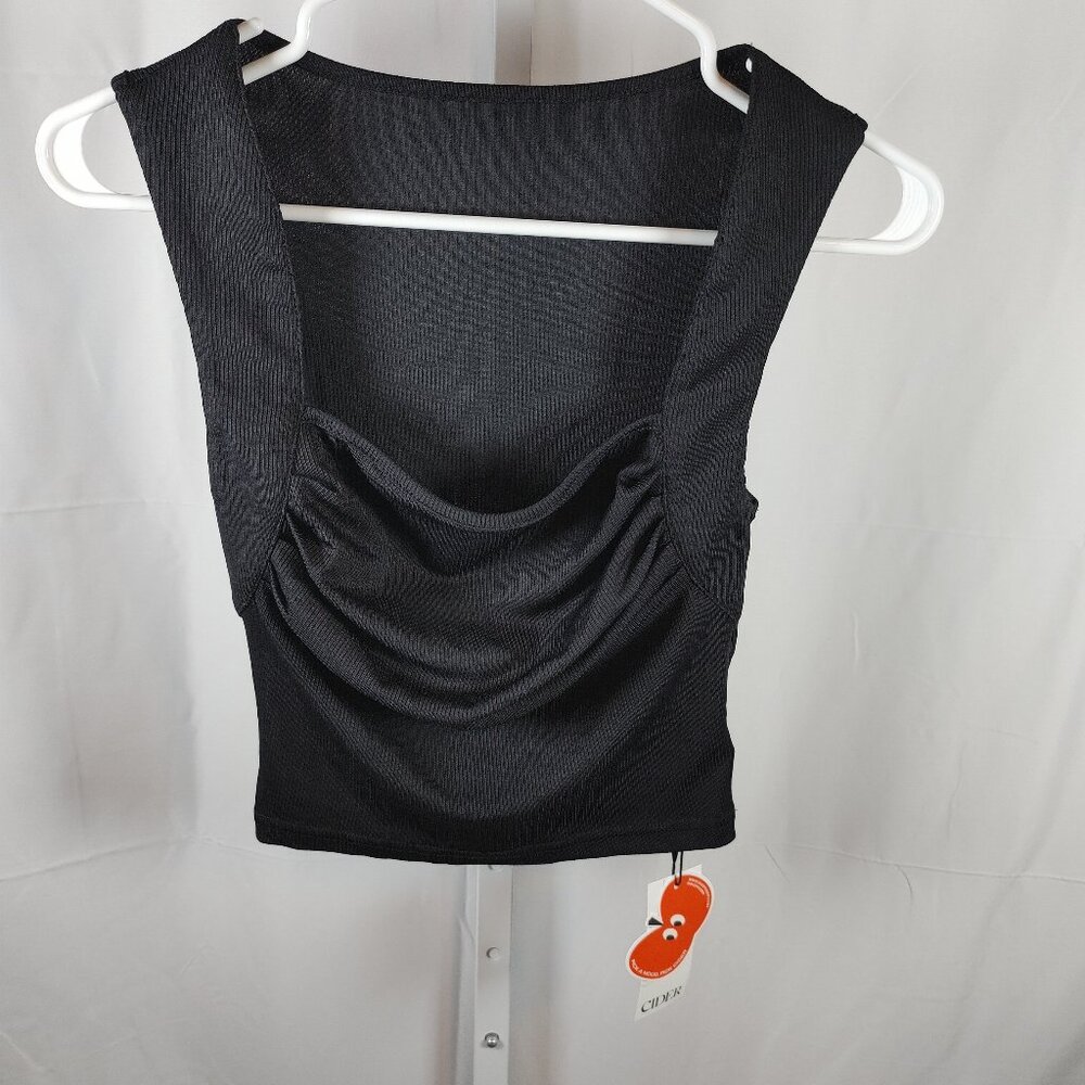 NWT Cider Size S No Sleeve Black Square Neck Ruched Ribbed Blouse Women's